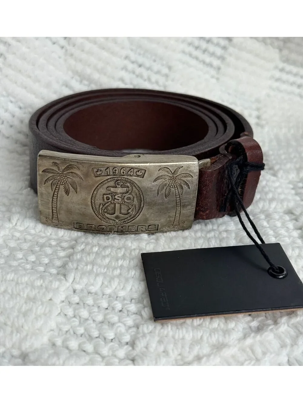 DSQUARED2 Brown Leather Belt Palm Tree Metal Buckle Size L NEW